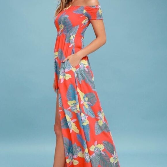 LULU'S Patsy Tropical Floral Smocked Off-Shoulder Maxi Dress Size L - Picture 9 of 12